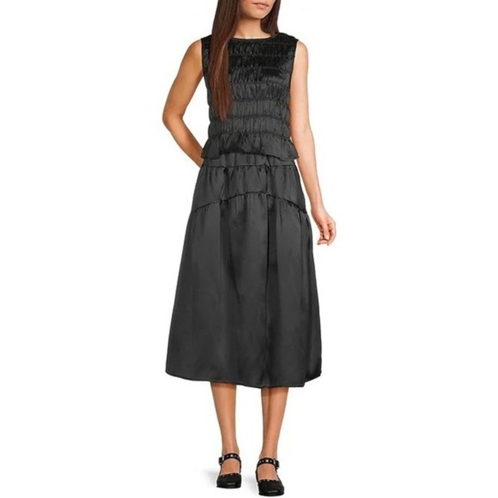 NWT!! MOD REF‎ Black Taffeta Midi Tiered Skirt Solid Elastic Waist X-Small